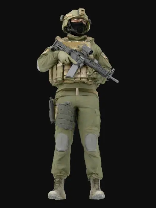 3D model for 生成一个穿着重型防弹衣、带着美国陆军的FAST头盔、穿着迷彩作战服、手持AO-64突击步枪的士兵