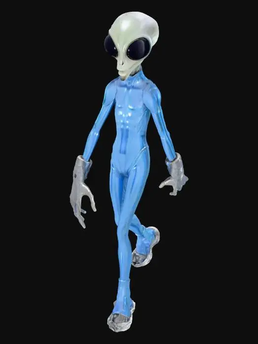 3D model for a hyperrealistic, bald, no ears, no nose, large shiny black eyes, large thin mouth with no lips, tall, long fingered, slender-armed, slender-legged alien in skintight space suit, its skin is grey and matte, its suit is a shimmering gloss blue metallic, with visible seams and a full length zipper, its boots appear to be built into the suit, and have large wet foam rubber suction cup looking treads, its gloves are bulkier than the suit, and appear glossy dark grey rubber
