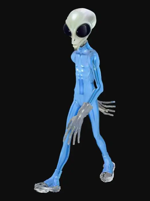 3D model for a hyperrealistic, bald, no ears, no nose, large shiny black eyes, large thin mouth with no lips, tall, long fingered, slender-armed, slender-legged alien in skintight space suit, its skin is grey and matte, its suit is a shimmering gloss blue metallic, with visible seams and a full length zipper, its boots appear to be built into the suit, and have large wet foam rubber suction cup looking treads, its gloves are bulkier than the suit, and appear glossy dark grey rubber
