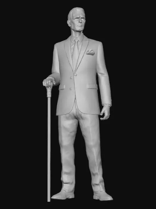 3D model for A gaunt, almost frail figure, his balding pate revealing slicked-back grey hair. His aged, mottled complexion has a waxy, unnatural smoothness from extensive cosmetic procedures. Sunken, lifeless eyes, partially veiled by foundation masking malnutrition, emanate chilling disdain. He wears a crisp linen suit, white shirt, and sky-blue tie. An opulent cane and a gleaming golden pocket square complete his meticulously curated, condescending aesthetic.