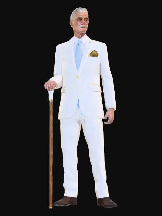 3D model for A gaunt, almost frail figure, his balding pate revealing slicked-back grey hair. His aged, mottled complexion has a waxy, unnatural smoothness from extensive cosmetic procedures. Sunken, lifeless eyes, partially veiled by foundation masking malnutrition, emanate chilling disdain. He wears a crisp linen suit, white shirt, and sky-blue tie. An opulent cane and a gleaming golden pocket square complete his meticulously curated, condescending aesthetic.