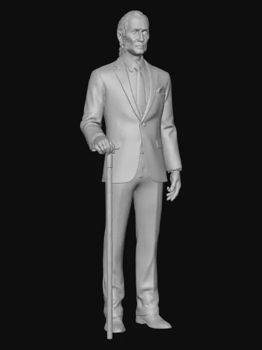 3D model for A gaunt, almost frail figure, his balding pate revealing slicked-back grey hair. His aged, mottled complexion has a waxy, unnatural smoothness from extensive cosmetic procedures. Sunken, lifeless eyes, partially veiled by foundation masking malnutrition, emanate chilling disdain. He wears a crisp linen suit, white shirt, and sky-blue tie. An opulent cane and a gleaming golden pocket square complete his meticulously curated, condescending aesthetic., #villain#