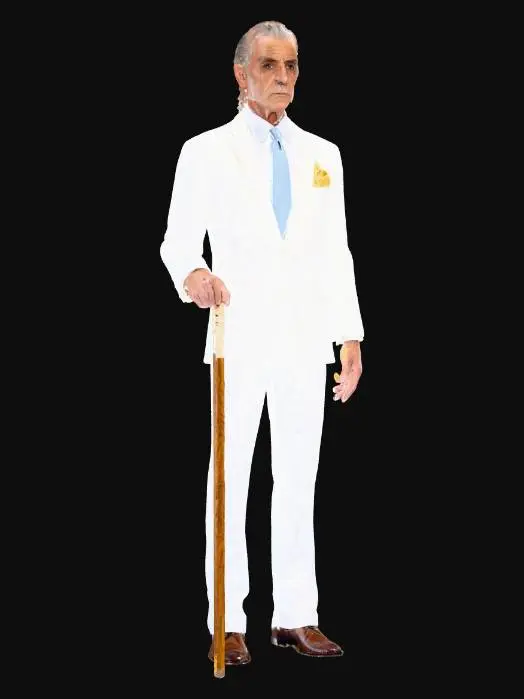 3D model for A gaunt, almost frail figure, his balding pate revealing slicked-back grey hair. His aged, mottled complexion has a waxy, unnatural smoothness from extensive cosmetic procedures. Sunken, lifeless eyes, partially veiled by foundation masking malnutrition, emanate chilling disdain. He wears a crisp linen suit, white shirt, and sky-blue tie. An opulent cane and a gleaming golden pocket square complete his meticulously curated, condescending aesthetic., #villain#