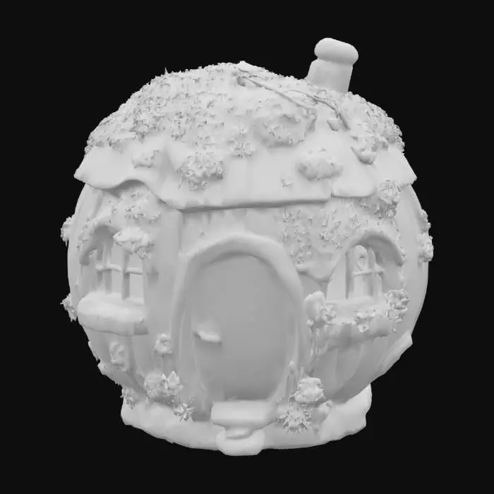 3D model for illustration style very detailed fairy house, spherical made from wood, very rustic, some moss, lichen, beautiful, fantasy, forest, ancient, wonderful, pixie dust, adventure