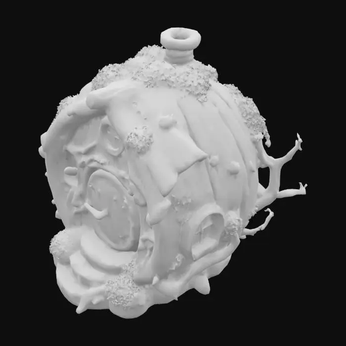 3D model for illustration style very detailed fairy house, spherical made from wood, very rustic, some moss, lichen, beautiful, fantasy, forest, ancient, wonderful, pixie dust, adventure