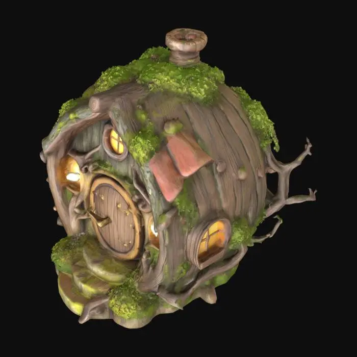 3D model for illustration style very detailed fairy house, spherical made from wood, very rustic, some moss, lichen, beautiful, fantasy, forest, ancient, wonderful, pixie dust, adventure