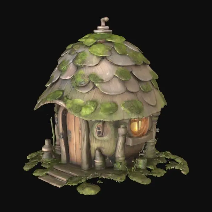 3D model for illustration style very detailed fairy house, spherical made from wood, very rustic, some moss, lichen, beautiful, fantasy, forest, ancient, wonderful, pixie dust, adventure