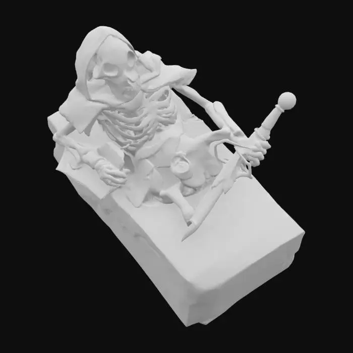 3D model for petrified skeletal remains of an ancient explorer in a crypt