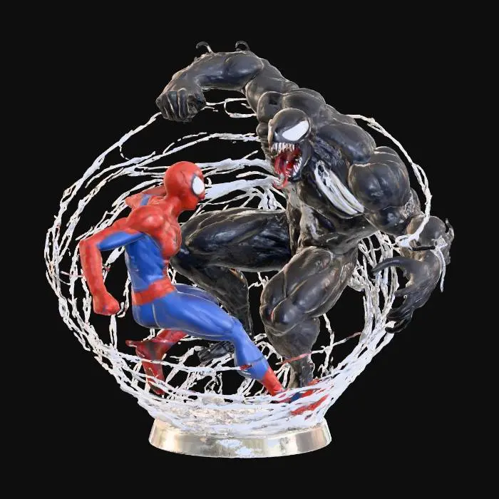 3D model for A vibrant, full-color sculpture depicts a McFarlane-style clash between a lithe, classic Spider-Man in his iconic red and blue costume, and a massive, muscular Venom. Spider-Man is sculpted mid-dodge, his slim form taut, while Venom lunges with incredible bulk, his inky black symbiotic flesh appearing slick and textured. Venom's grotesquely large mouth is wide open, revealing jagged white teeth and a long, wet-looking, drooping red tongue. Translucent white webbing dynamically encircles both figures, capturing their punching and dodging action.