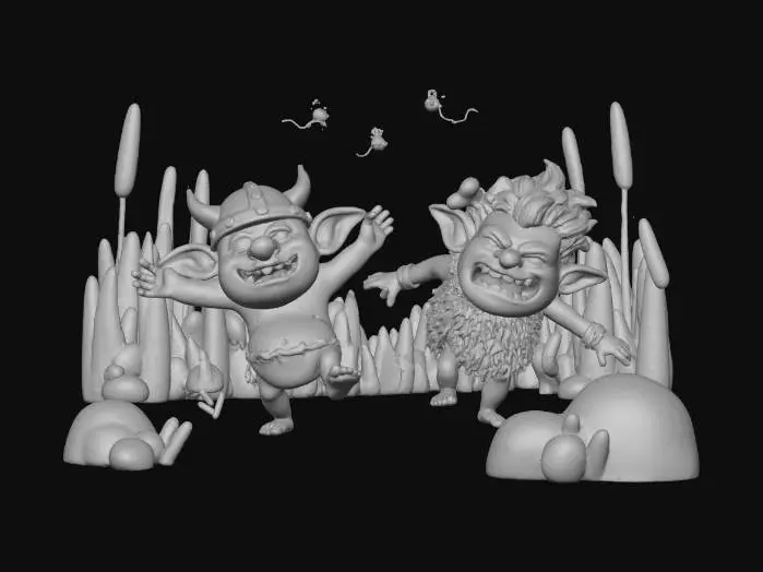 3D model for Two playful, stylized goblins scamper across a grassy, light green landscape with tall blades of grass in the background, under a bright sky. The left goblin wears a red horned helmet with metallic rivets and a brown loincloth, grinning widely. The right goblin, with bright orange hair and a bone in its hair, sports a furry brown tunic and blue tribal markings on its face and limbs, looking agitated with a wide, toothy snarl. Three small, striped bees buzz in the upper background.
