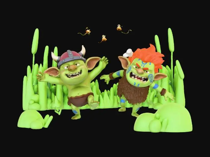 3D model for Two playful, stylized goblins scamper across a grassy, light green landscape with tall blades of grass in the background, under a bright sky. The left goblin wears a red horned helmet with metallic rivets and a brown loincloth, grinning widely. The right goblin, with bright orange hair and a bone in its hair, sports a furry brown tunic and blue tribal markings on its face and limbs, looking agitated with a wide, toothy snarl. Three small, striped bees buzz in the upper background.