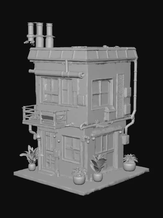 3D model for Небольшое двухэтажное специализированное киберпанк-здание с функциональным, но хаотичным внешним видом. Композитные панели тусклых индустриальных тонов сочетаются с гофрированным металлом и яркими, пульсирующими голографическими панелями данных. Поверхности имеют ребристую текстуру металла и гладкие, но прочные композитные элементы. Внешние трубопроводы и кабели, выкрашенные в яркие цвета, проходят по фасаду, создавая вид утилитарной, но динамичной структуры.