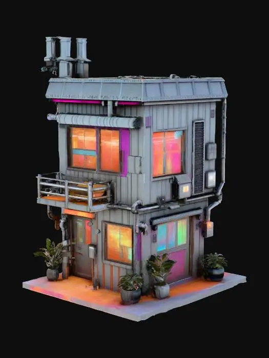 3D model for Небольшое двухэтажное специализированное киберпанк-здание с функциональным, но хаотичным внешним видом. Композитные панели тусклых индустриальных тонов сочетаются с гофрированным металлом и яркими, пульсирующими голографическими панелями данных. Поверхности имеют ребристую текстуру металла и гладкие, но прочные композитные элементы. Внешние трубопроводы и кабели, выкрашенные в яркие цвета, проходят по фасаду, создавая вид утилитарной, но динамичной структуры.