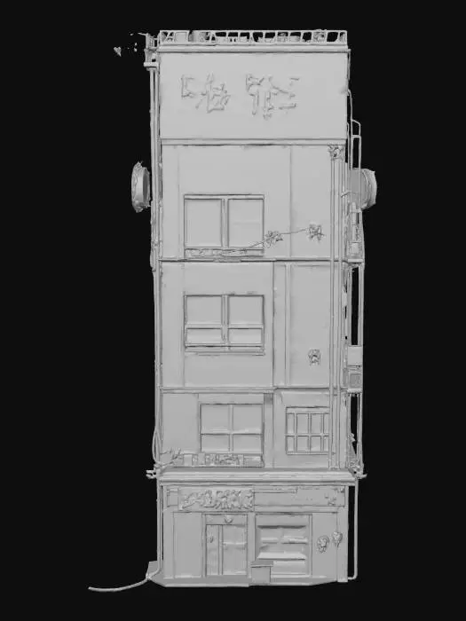 3D model for Create a 3D model of a cyberpunk building: with neon signs, exposed wiring, and graffiti. Combine chrome metal, dirty concrete, and holographic screens. Asymmetry, overhanging structures, ventilation pipes. warm light accents. Environment: fog, rain, wires between buildings, PBR textures. Style: Cyberpunk 2077, Blade Runner