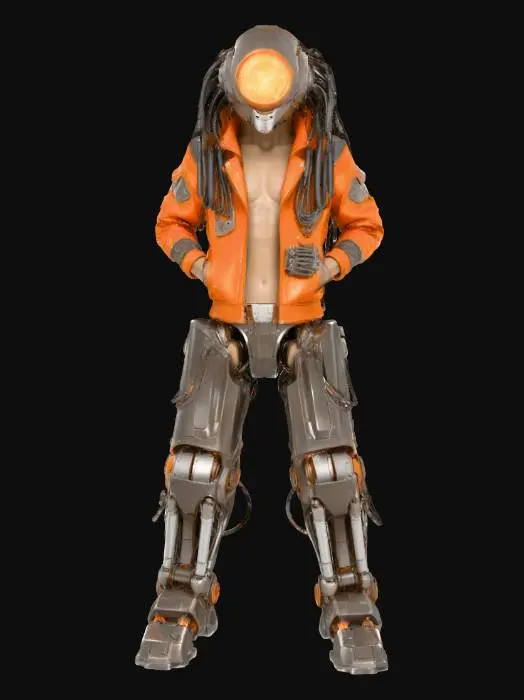 3D model for A human male upper body with swarthy skin, wearing a full-head helmet featuring a single massive, glowing circular optic. A nest of dark wires and cables forms synthetic dreadlocks around the head. The figure's hands are tucked into a bright orange, patched leather jacket. This fragile torso is supported by gigantic, disproportionately oversized cybernetic legs, detailed with huge hydraulic pistons, industrial actuators, and thick, dark armored plating, dominating the character's visual mass.