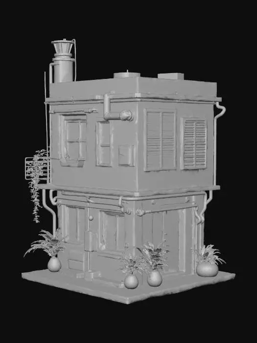 3D model for Небольшое двухэтажное специализированное киберпанк-здание с функциональным, но хаотичным внешним видом. Композитные панели тусклых индустриальных тонов сочетаются с гофрированным металлом и яркими, пульсирующими голографическими панелями данных. Поверхности имеют ребристую текстуру металла и гладкие, но прочные композитные элементы. Внешние трубопроводы и кабели, выкрашенные в яркие цвета, проходят по фасаду, создавая вид утилитарной, но динамичной структуры.