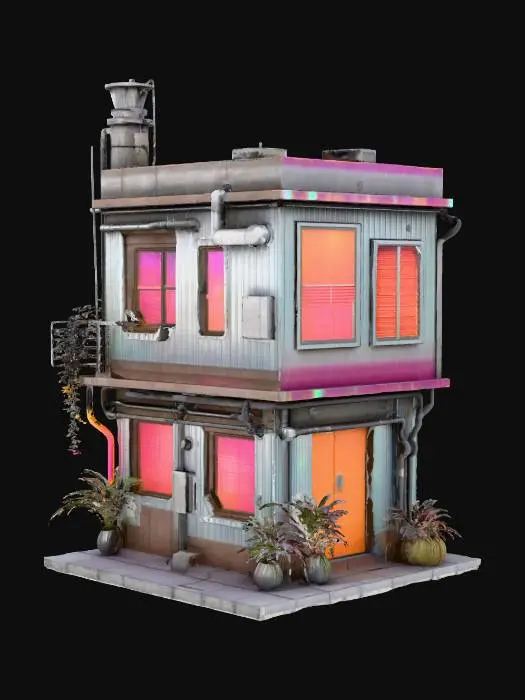 3D model for Небольшое двухэтажное специализированное киберпанк-здание с функциональным, но хаотичным внешним видом. Композитные панели тусклых индустриальных тонов сочетаются с гофрированным металлом и яркими, пульсирующими голографическими панелями данных. Поверхности имеют ребристую текстуру металла и гладкие, но прочные композитные элементы. Внешние трубопроводы и кабели, выкрашенные в яркие цвета, проходят по фасаду, создавая вид утилитарной, но динамичной структуры.