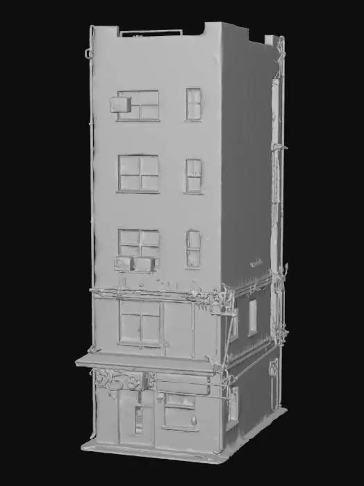 3D model for Create a 3D model of a cyberpunk building: with neon signs, exposed wiring, and graffiti. Combine chrome metal, dirty concrete, and holographic screens. Asymmetry, overhanging structures, ventilation pipes. warm light accents. Environment: fog, rain, wires between buildings, PBR textures. Style: Cyberpunk 2077, Blade Runner