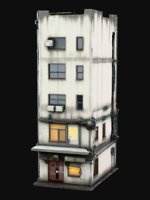 3D model for Create a 3D model of a cyberpunk building: with neon signs, exposed wiring, and graffiti. Combine chrome metal, dirty concrete, and holographic screens. Asymmetry, overhanging structures, ventilation pipes. warm light accents. Environment: fog, rain, wires between buildings, PBR textures. Style: Cyberpunk 2077, Blade Runner