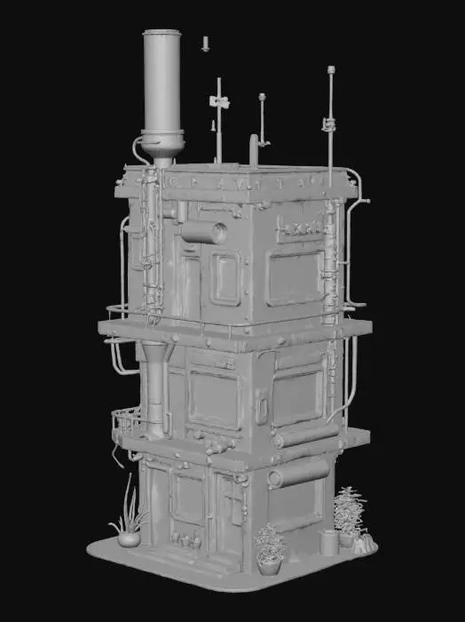 3D model for Небольшое двухэтажное специализированное киберпанк-здание с функциональным, но хаотичным внешним видом. Композитные панели тусклых индустриальных тонов сочетаются с гофрированным металлом и яркими, пульсирующими голографическими панелями данных. Поверхности имеют ребристую текстуру металла и гладкие, но прочные композитные элементы. Внешние трубопроводы и кабели, выкрашенные в яркие цвета, проходят по фасаду, создавая вид утилитарной, но динамичной структуры.