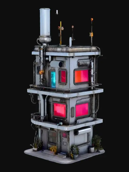 3D model for Небольшое двухэтажное специализированное киберпанк-здание с функциональным, но хаотичным внешним видом. Композитные панели тусклых индустриальных тонов сочетаются с гофрированным металлом и яркими, пульсирующими голографическими панелями данных. Поверхности имеют ребристую текстуру металла и гладкие, но прочные композитные элементы. Внешние трубопроводы и кабели, выкрашенные в яркие цвета, проходят по фасаду, создавая вид утилитарной, но динамичной структуры.