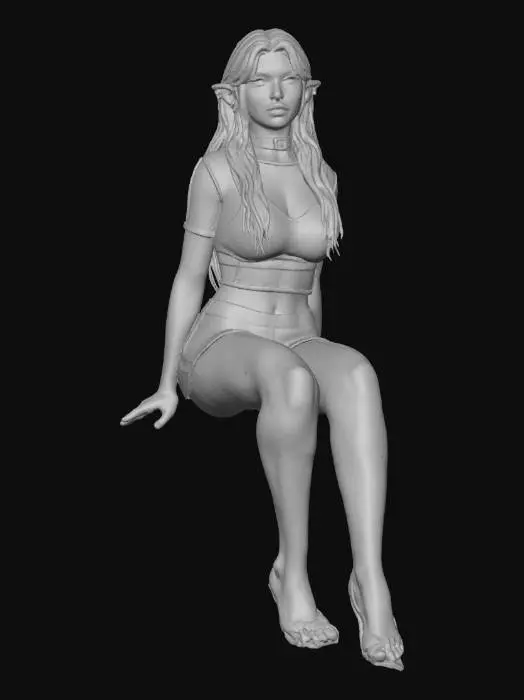 3D model for Гиперреалистичная 3D-модель эльфийки с длинными чёрными волосами и заострёнными ушами, украшенными пирсингом и золотыми кольцами. У неё ярко-голубые светящиеся глаза и румяные щёки, выражение лица серьёзное. Одета в чёрный чокер с пряжкой, сетчатый топ, спортивный лифчик и короткие чёрные шорты с белыми полосками. Девушка сидит на деревянной парте, рядом с ней лежат листы бумаги, на фоне — светлая стена и окно с занавеской.