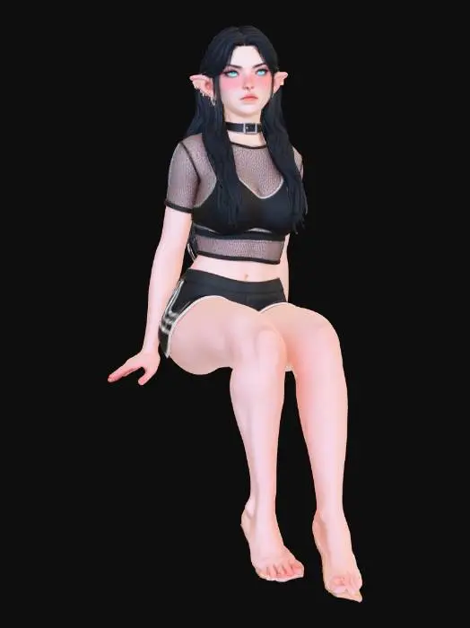 3D model for Гиперреалистичная 3D-модель эльфийки с длинными чёрными волосами и заострёнными ушами, украшенными пирсингом и золотыми кольцами. У неё ярко-голубые светящиеся глаза и румяные щёки, выражение лица серьёзное. Одета в чёрный чокер с пряжкой, сетчатый топ, спортивный лифчик и короткие чёрные шорты с белыми полосками. Девушка сидит на деревянной парте, рядом с ней лежат листы бумаги, на фоне — светлая стена и окно с занавеской.