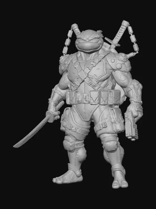 3D model for Гиперреалистичная 3D-модель Черепашки-Ниндзя в стиле киберпанк. У черепашки твёрдый, блестящий панцирь с неоновыми прожилками и кибернетическими имплантами, а кожа имеет металлический оттенок с вживлёнными проводами. Она носит тактическое снаряжение из тёмного композитного материала с оранжевыми или фиолетовыми акцентами, светящимися элементами и многочисленными ремнями и пряжками. Глаза светятся ярким, холодным неоновым светом, а её традиционное оружие (например, катана или нунчаки) модифицировано под футуристический дизайн с энергетическими лезвиями или встроенными бластерами.