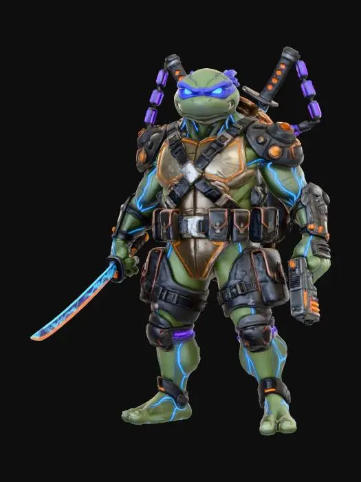 3D model for Гиперреалистичная 3D-модель Черепашки-Ниндзя в стиле киберпанк. У черепашки твёрдый, блестящий панцирь с неоновыми прожилками и кибернетическими имплантами, а кожа имеет металлический оттенок с вживлёнными проводами. Она носит тактическое снаряжение из тёмного композитного материала с оранжевыми или фиолетовыми акцентами, светящимися элементами и многочисленными ремнями и пряжками. Глаза светятся ярким, холодным неоновым светом, а её традиционное оружие (например, катана или нунчаки) модифицировано под футуристический дизайн с энергетическими лезвиями или встроенными бластерами.