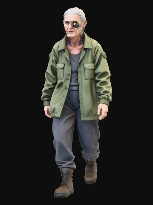 3D model for Пожилая женщина медленно идёт по неоновым улицам киберпанка. Её правый глаз заменен на сверкающий кибернетический имплант, излучающий тусклый янтарный свет, выполненный из матового титана. Она носит свободную, выцветшую куртку из плотного хлопка оливкового цвета и мешковатые брюки из грубой шерсти. Кожа на лице и руках морщинистая, но на шее видны тонкие едва заметные кибер-импланты, придающие ей утомленный, но стойкий вид.