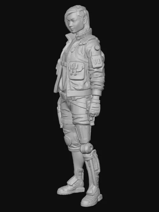 3D model for Прохожая в стиле "Киберпанк-утилитаризм": Молодая женщина, ее правая нога заменена на функциональный, немного потертый протез из рифленого серого металла, видимый под обрезанными брюками карго из грубого хлопка. Ее волосы частично выбриты, а ухо украшено простым, но заметным аудиоимплантом. Одета в свободную майку из технической ткани цвета хаки и прочную куртку из синтетического денима с множеством карманов.