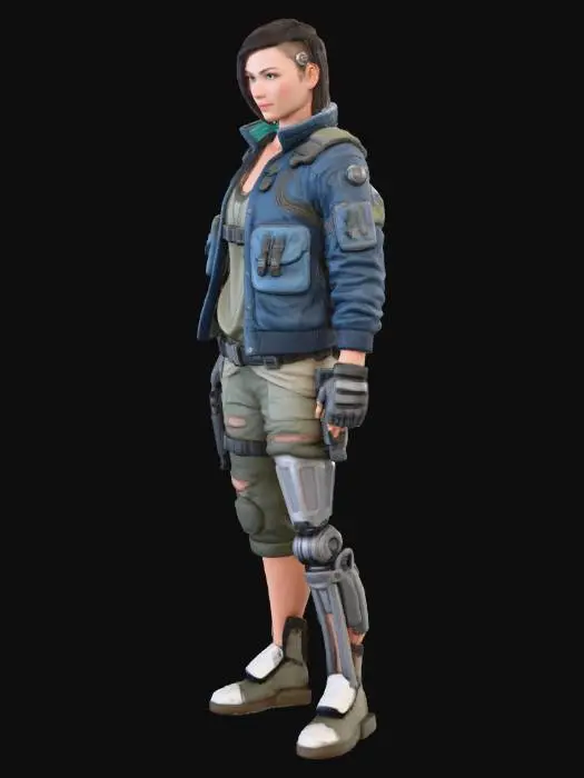 3D model for Прохожая в стиле "Киберпанк-утилитаризм": Молодая женщина, ее правая нога заменена на функциональный, немного потертый протез из рифленого серого металла, видимый под обрезанными брюками карго из грубого хлопка. Ее волосы частично выбриты, а ухо украшено простым, но заметным аудиоимплантом. Одета в свободную майку из технической ткани цвета хаки и прочную куртку из синтетического денима с множеством карманов.