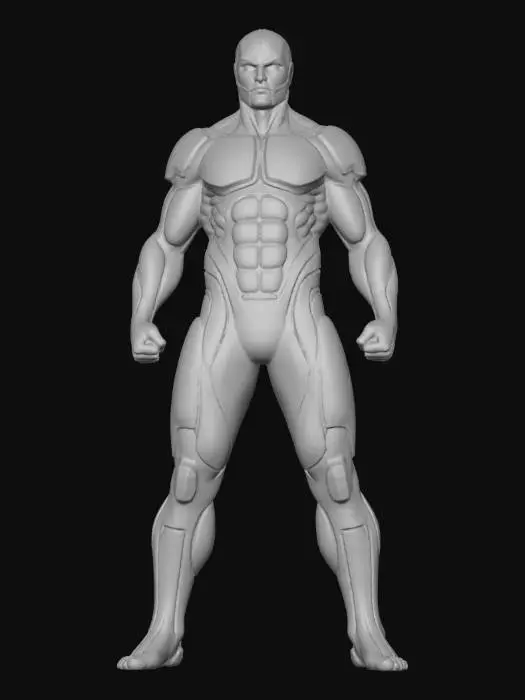 3D model for Полноростовый киберпанк персонаж с атлетическим телосложением, одетый в облегающий костюм из тёмного синтетического материала с неоновыми синими акцентами. Правая рука и часть лица заменены на гладкие хромированные импланты, интегрированные почти бесшовно, с тонкими светящимися линиями. Легкая броня из карбона на плечах и бёдрах. Текстура одежды матовая, с глянцевыми вставками, а металл имплантов имеет полированный, зеркальный блеск.