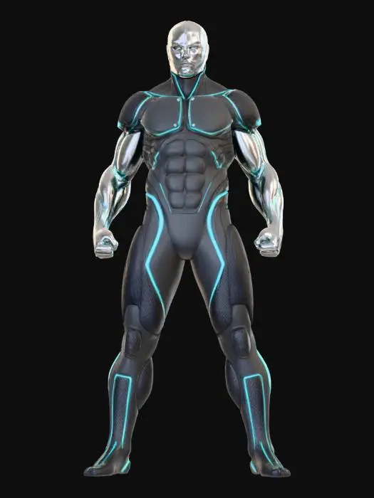 3D model for Полноростовый киберпанк персонаж с атлетическим телосложением, одетый в облегающий костюм из тёмного синтетического материала с неоновыми синими акцентами. Правая рука и часть лица заменены на гладкие хромированные импланты, интегрированные почти бесшовно, с тонкими светящимися линиями. Легкая броня из карбона на плечах и бёдрах. Текстура одежды матовая, с глянцевыми вставками, а металл имплантов имеет полированный, зеркальный блеск.