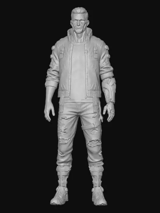 3D model for Уличный хакер в полный рост, с проворной фигурой. Одет в рваные джинсы, футболку с глитч-принтом и расстёгнутую техническую куртку из серого меша. Правая кисть и часть предплечья — это сборный кибернетический протез из матового алюминия с выступающими проводами и мигающими зелёными индикаторами. Левый глаз заменён на оптический имплант с красной линзой. Цветовая гамма индустриальная, с яркими цифровыми акцентами, текстура одежды грубая, а имплантов – детализированная, с видимыми механизмами.