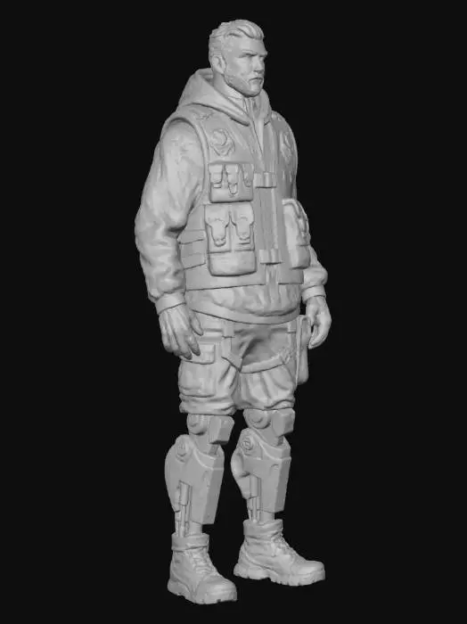 3D model for Мужской персонаж в полный рост, с грубыми, функциональными кибернетическими ногами и аугментированной челюстью. Он одет в многослойную одежду: толстовку из темного технического флиса с капюшоном и жилетку из плотного канваса темно-зеленого оттенка, украшенную эмблемами. Металлические элементы его имплантов имеют потертый, но ухоженный вид. Общий вид — городской, практичный, но с выраженным стилем.