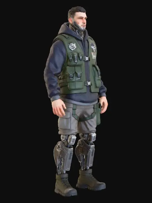 3D model for Мужской персонаж в полный рост, с грубыми, функциональными кибернетическими ногами и аугментированной челюстью. Он одет в многослойную одежду: толстовку из темного технического флиса с капюшоном и жилетку из плотного канваса темно-зеленого оттенка, украшенную эмблемами. Металлические элементы его имплантов имеют потертый, но ухоженный вид. Общий вид — городской, практичный, но с выраженным стилем.