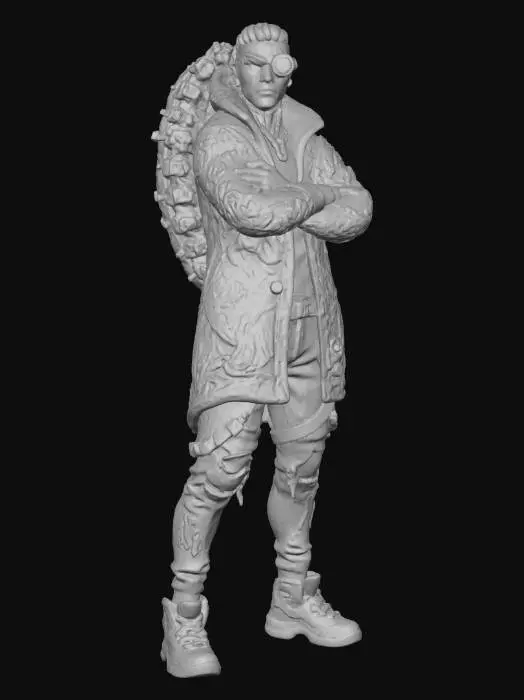 3D model for Полноростовый киберпанк персонаж с массивными, но стильно инкрустированными имплантами в спине и одном глазу. Его одежда представляет собой яркий калейдоскоп цветов: куртка-парка из водоотталкивающей ткани с граффити-принтами в неоновых оттенках розового и голубого, сочетающаяся с рваными джинсами и высокими кроссовками с LED-подсветкой. Общий вид — бунтарский, художественный и эксцентричный.