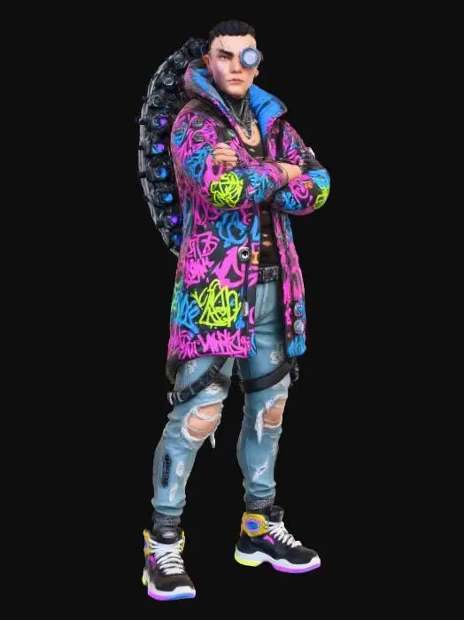 3D model for Полноростовый киберпанк персонаж с массивными, но стильно инкрустированными имплантами в спине и одном глазу. Его одежда представляет собой яркий калейдоскоп цветов: куртка-парка из водоотталкивающей ткани с граффити-принтами в неоновых оттенках розового и голубого, сочетающаяся с рваными джинсами и высокими кроссовками с LED-подсветкой. Общий вид — бунтарский, художественный и эксцентричный.