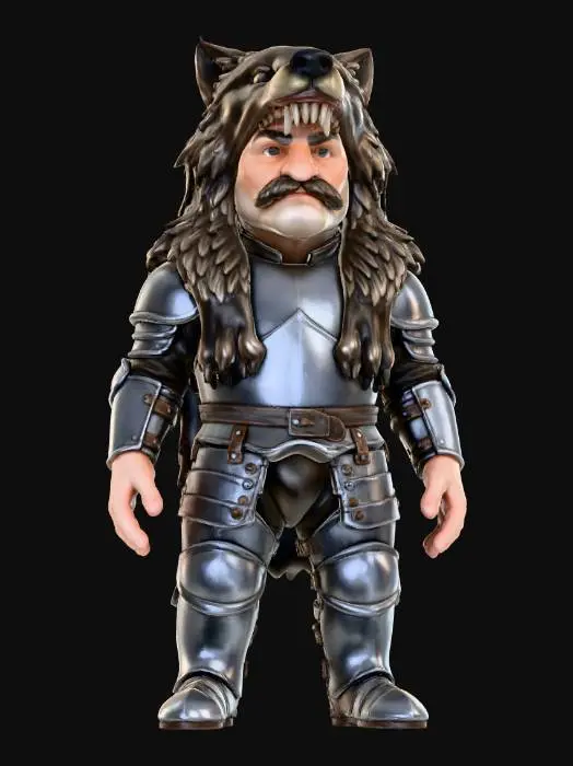 3D model for Миниатюрный гном-жрец высотой 90 см, с гладкой кожей и ясными, внимательными глазами. На голове у него внушительная маска в виде головы волка, искусно выполненный из тёмной кожи и меха, полностью скрывающий его лысину и усики. Волк выглядит реалистично, с проработанными деталями пасти и ушей. Гном облачён в среднюю металлическую броню. без каких-либо символов или украшений. Общее впечатление — мощь и загадочность.