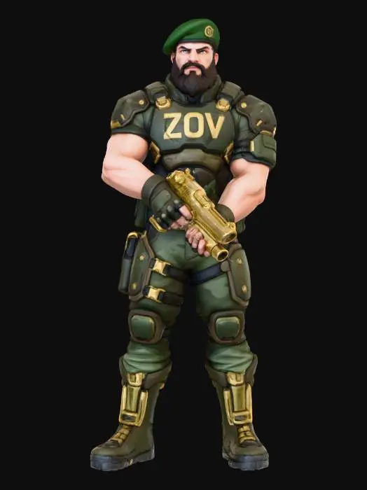 3D model for Чеченец в стиле Overwatch 2 с золотым пистолетом. С надписью ZOV на груди