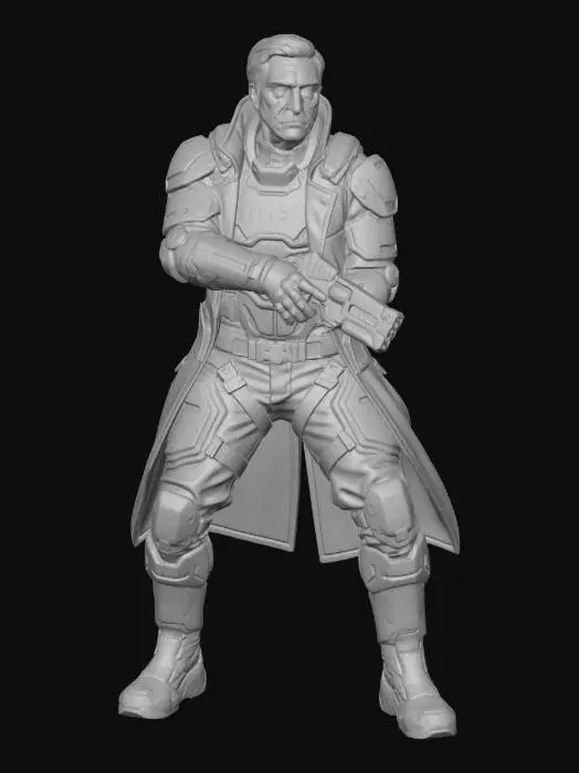 3D model for Лесли Нильсен из "голого пистолета" Во вселенной киберпанка,в полицейской форме, в боевой стойке с большим пистолетом. с надписью на груди "NCPD". Киберпанковый фон