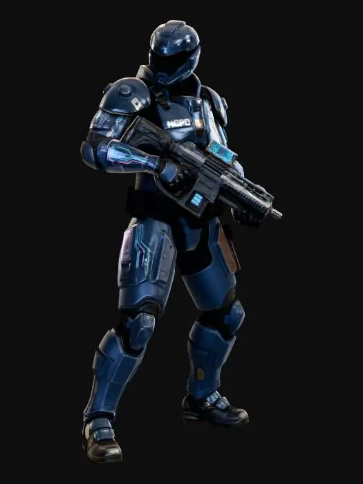 3D model for Полицейский Во вселенной киберпанка,в полицейской форме, в боевой стойке с большим пистолетом или автоматом. с надписью на груди "NCPD". Киберпанковый фон