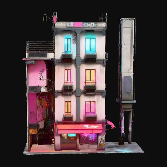 3D model for Create a 3D model of a cyberpunk building: with neon signs, exposed wiring, and graffiti. Combine chrome metal, dirty concrete, and holographic screens. Asymmetry, overhanging structures, ventilation pipes. warm light accents. Environment: fog, rain, wires between buildings, PBR textures. Style: Cyberpunk 2077, Blade Runner