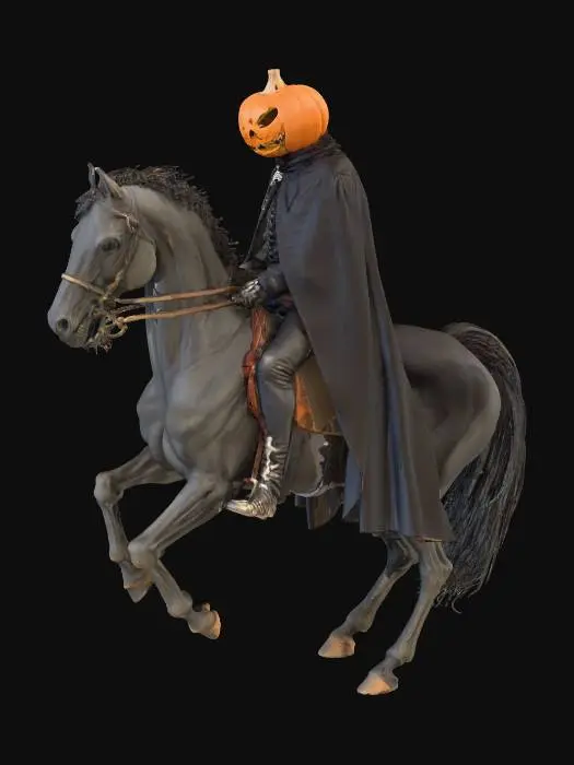 3D model for The Headless Horseman holding a scary pumpkin head in his right hand, while riding a skeleton horse. Horseman wears 17th century clothing, with a black cape blowing in the wind.  Model must show horse Rearing.