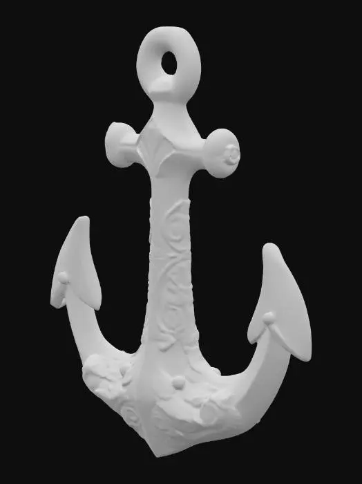 3D model for Een sierlijk gedecoreerd scheepsanker, gegoten uit glanzend gepolijst brons met een warme, goudbruine tint. Het oppervlak is overvloedig versierd met diepe, ingewikkelde gravures van zeemeerminnen, golvende zeewierpatronen en delicate schelpmotieven. Deze artistieke details transformeren de klassieke vorm tot een waar kunstwerk. De textuur is luxueus glad waar de gravures het oppervlak sieren, met elke lijn en curve die met precisie is uitgesneden. Het object straalt tijdloze elegantie uit en voelt koel en verfijnd aan.