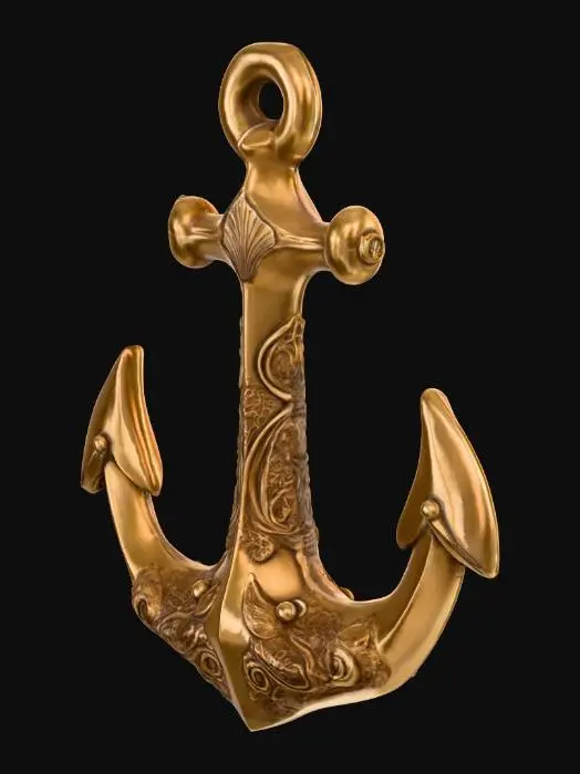 3D model for Een sierlijk gedecoreerd scheepsanker, gegoten uit glanzend gepolijst brons met een warme, goudbruine tint. Het oppervlak is overvloedig versierd met diepe, ingewikkelde gravures van zeemeerminnen, golvende zeewierpatronen en delicate schelpmotieven. Deze artistieke details transformeren de klassieke vorm tot een waar kunstwerk. De textuur is luxueus glad waar de gravures het oppervlak sieren, met elke lijn en curve die met precisie is uitgesneden. Het object straalt tijdloze elegantie uit en voelt koel en verfijnd aan.