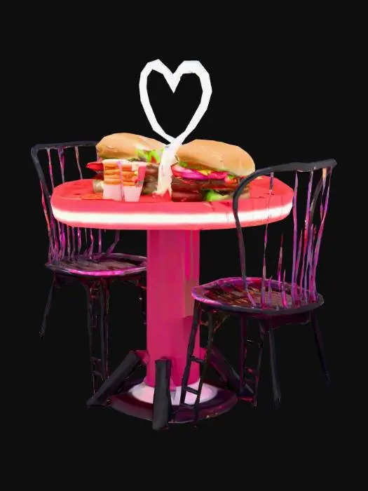 3D model for "Helper"  , #food# , crie um x-tudo duplo + um amburguer triplo completo e recheado com morango do amor + leite condensado e um ambiente fechado com luzes neon e fitas de leds colorida com estilo futurista e inovador e os amburgues e xtudo em cima de uma mesa futurista em formato de coração com cor vermelha e os pés e cadeiras preto com cores vivas brilhantes e lisa tipo metal