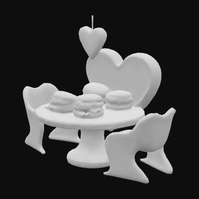 3D model for "Help"  , #food# , crie um x-tudo duplo + um amburguer triplo completo e recheado com morango do amor + leite condensado e um ambiente fechado com luzes neon e fitas de leds colorida com estilo futurista e inovador e os amburgues e xtudo em cima de uma mesa futurista em formato de coração com cor vermelha e os pés e cadeiras preto com cores vivas brilhantes e lisa tipo metal