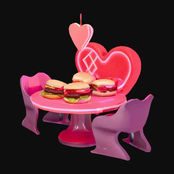 3D model for "Help"  , #food# , crie um x-tudo duplo + um amburguer triplo completo e recheado com morango do amor + leite condensado e um ambiente fechado com luzes neon e fitas de leds colorida com estilo futurista e inovador e os amburgues e xtudo em cima de uma mesa futurista em formato de coração com cor vermelha e os pés e cadeiras preto com cores vivas brilhantes e lisa tipo metal